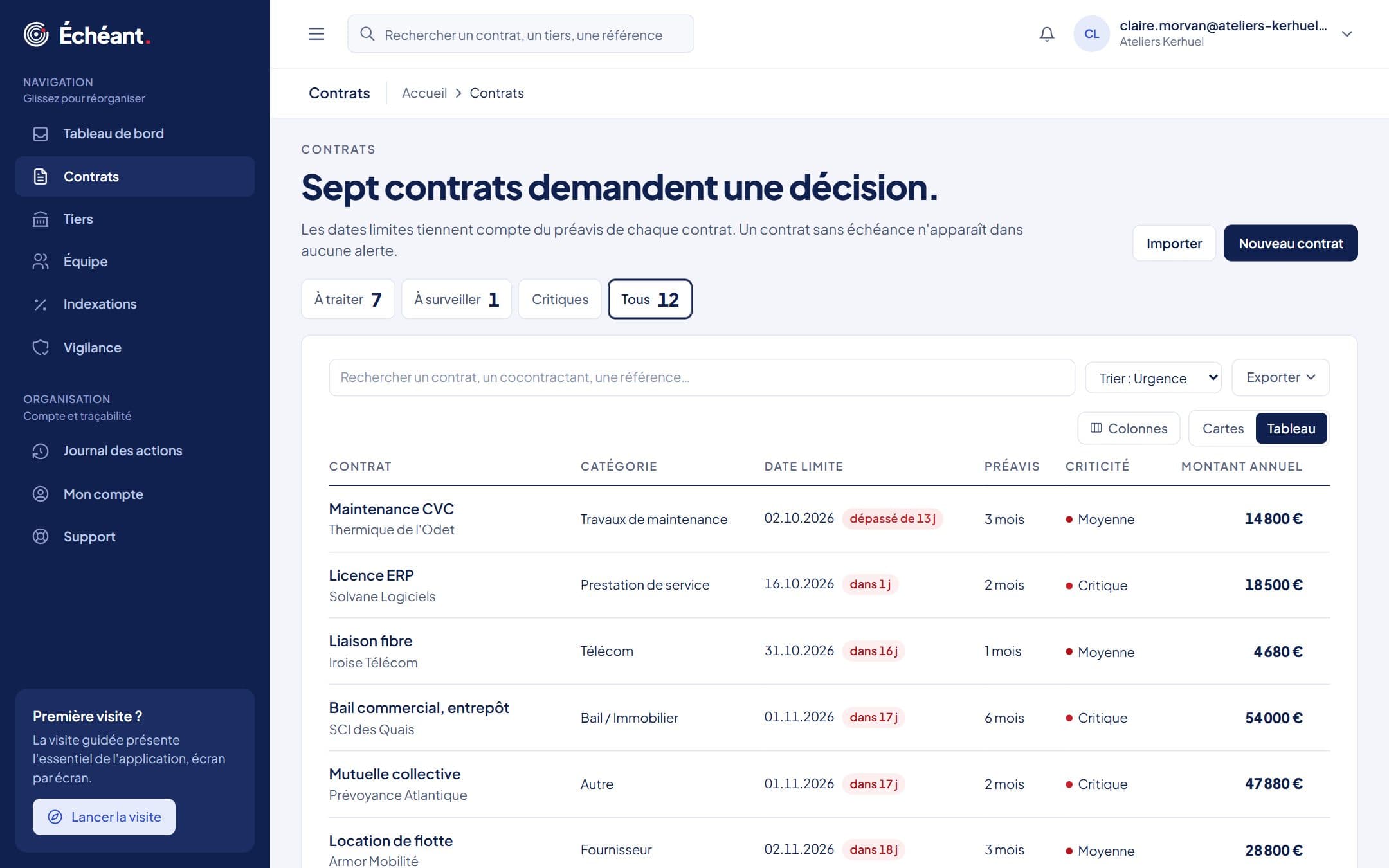 Capture de l’application : la liste des contrats, classée par urgence