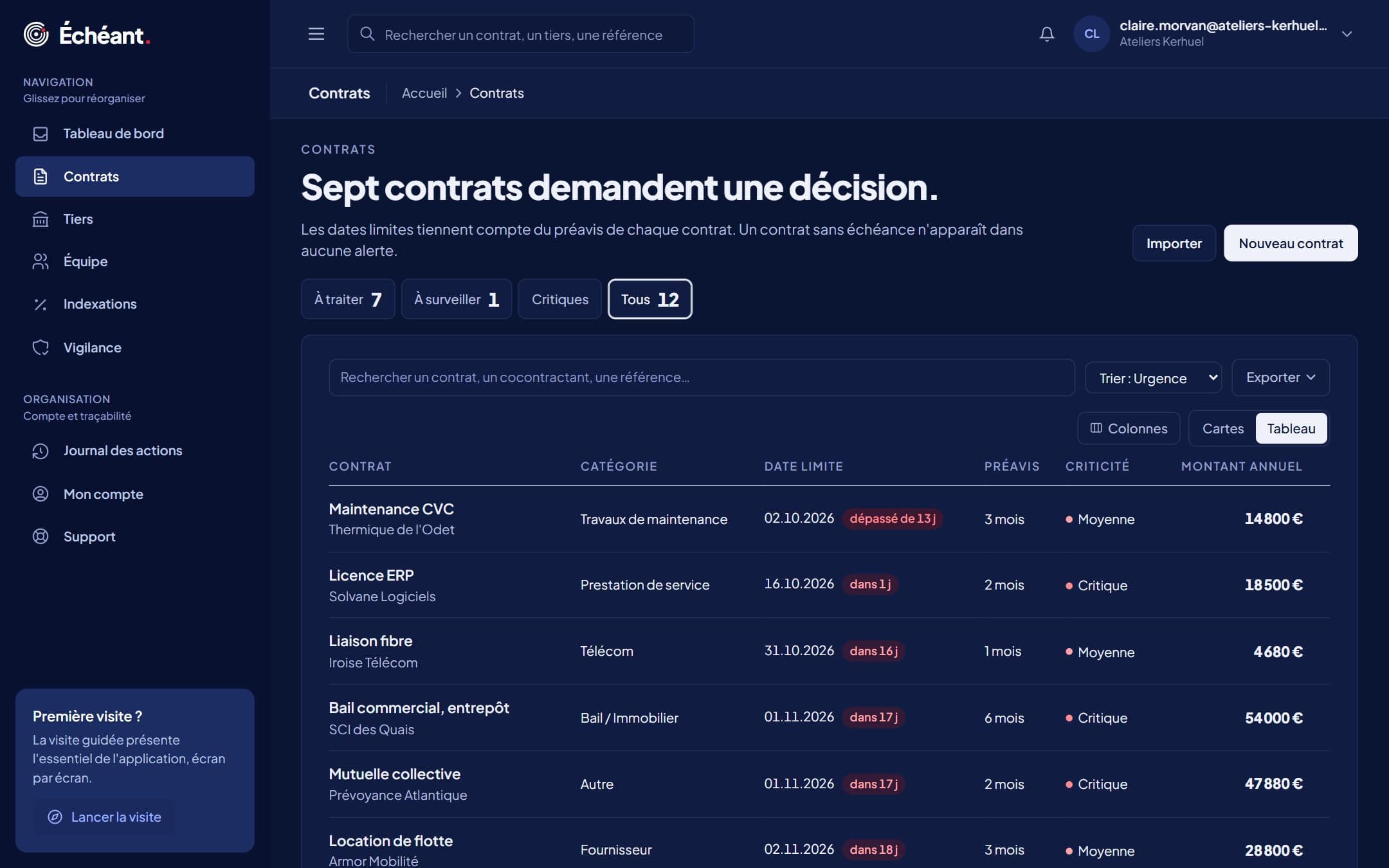 Capture de l’application : la liste des contrats, classée par urgence